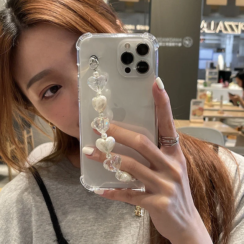 

INS crystal 3d heart chain bracelet Clear shockproof case For iphone 12 12Pro Max 11 13 Pro Max X XR Xs max XR 7 8Plus cover