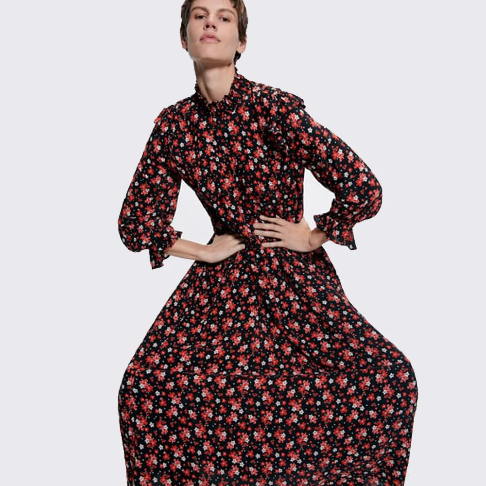 Женское платье с принтом ZA Красное Облегающее Платье Бохо длинными рукавами и