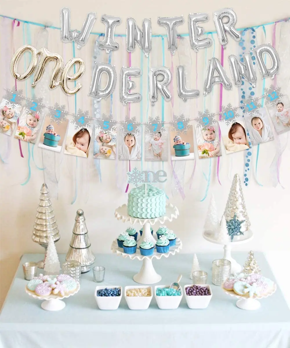Decoraciones de fiesta de cumplea&ntilde;os para ni&ntilde;a, primer cumplea&ntilde;os, globos de invierno, cartel de foto de copo de nieve para suministros de primer cumplea&ntilde;os-1