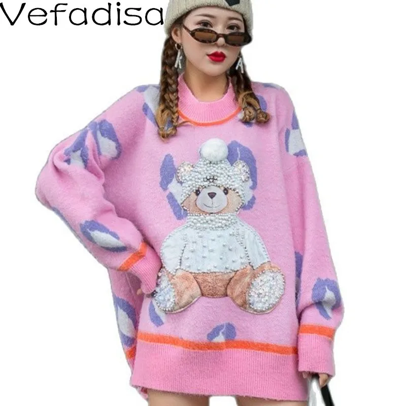 

Осенний Модный женский свитер Vefadisa, свободный и тонкий свитер с мультяшным принтом 2021, новый тренд, пуловер с бисером, свитер ZWL349