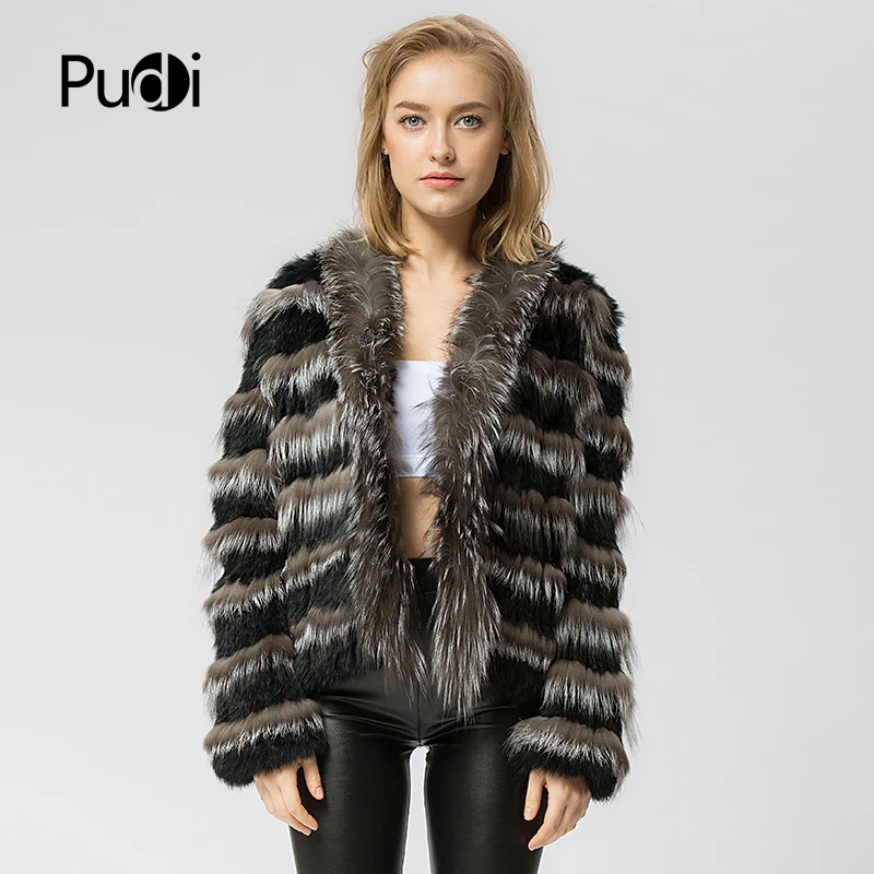 

CR048 Knit Knitted Real Rabbit & Silver Fox Fur Coat Jacket Overcoat Women's Fashion Winter Warm Genuine Fur Coat Ourwear