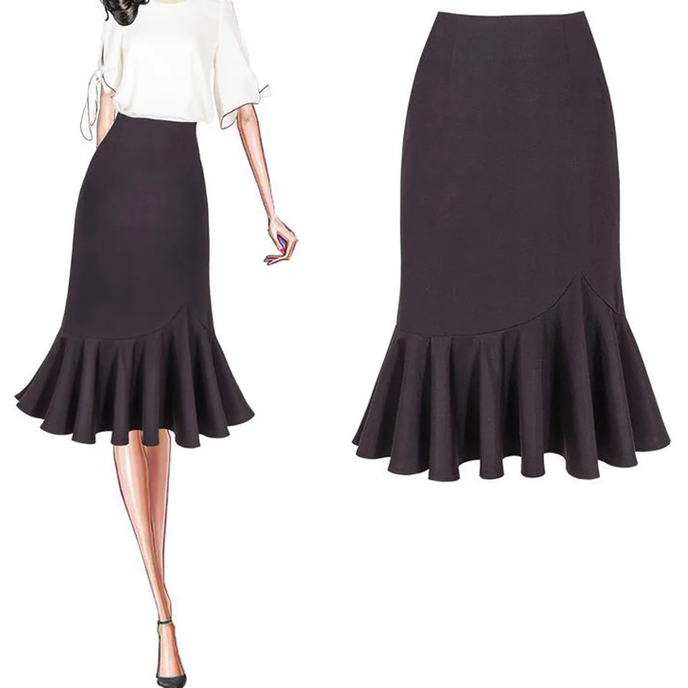 Короткая юбка-русалка черная юбка средней длины эластичная с высокой талией