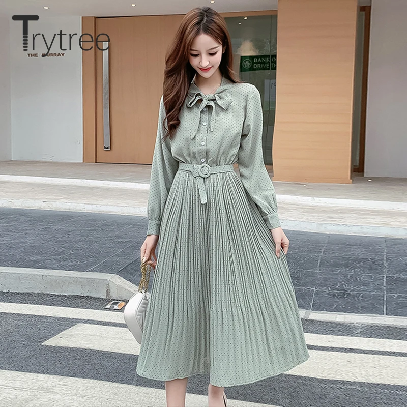 Trytree 2020 весеннее женское платье повседневное однобортное с бантом