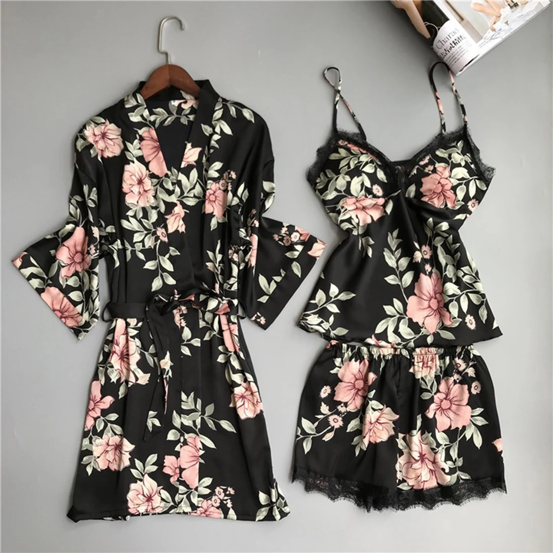 Женский пижамный комплект из 3 предметов сексуальный кружевной банный халат в