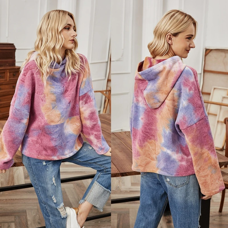 

Women Autumn Long Sleeve Oversized Sweatshirt Korean Harajuku Colorful Tie-Dye Printed Pullover Tops Casual Loose Streetwear