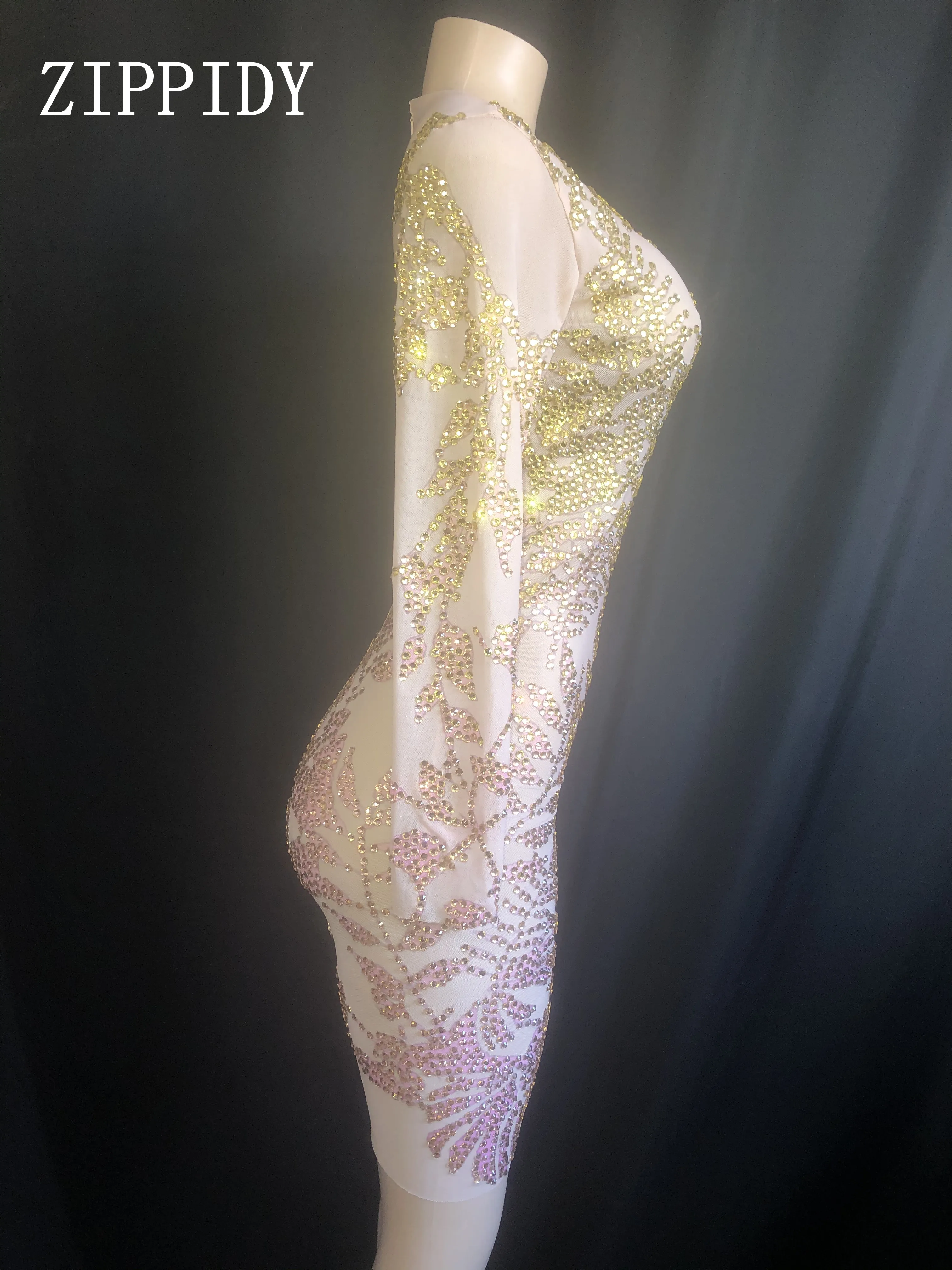 Блестящие стразы золотистого и розового цвета прозрачное платье для дня