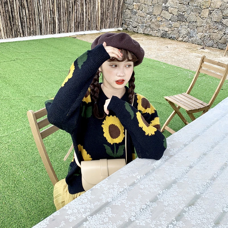 Gaganight Women Sunflower Chic Sweater Casual Loose Girls Fashion Pullover Knitted Autumn Winter Jumper Femlae Korean Pull Femme | Женская