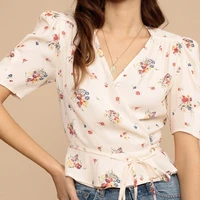 women floral print v neck short sleeve blouses shirts casual tops work wear chiffon shirt vintage blusas mujer de moda 2021