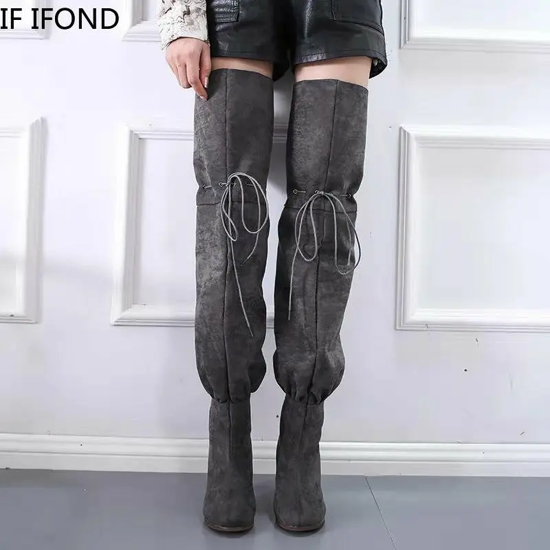IF IFOND 2020 модные женские сапоги выше колена в уличном стиле на шнуровке