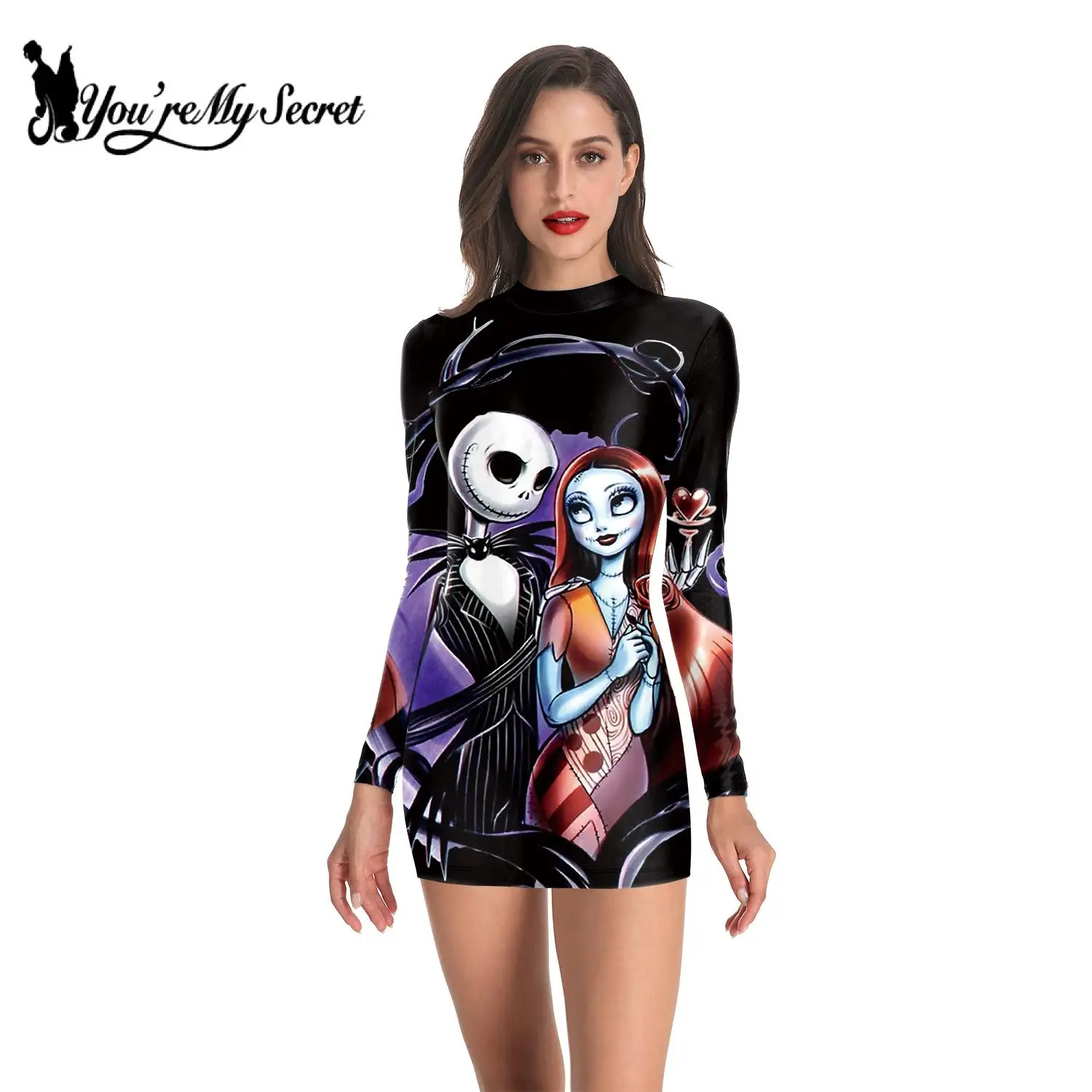 

[You're My Secret] Dress Women Long Sleeves Dresses Summer Fashion Female Sexy Bodycon Dress Goth Style Skull Print Plus Size