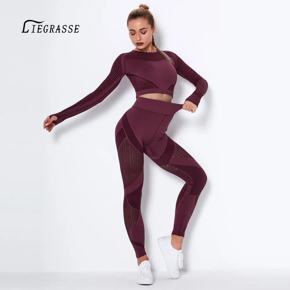 

Women Yoga Set Seamless Gym Clothing 2 Pcs Long Sleeve Tops Leggings Shirts Fitness Sports Clothes Workout Running Yoga Suit