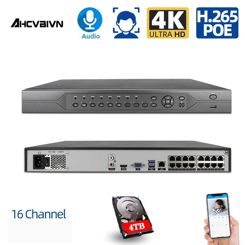 

Face Detection H.265+ 16ch 4K Network Video Recorder 48V 4K POE CCTV Security Surveillance NVR Audio Out P2P 4k HD HDD