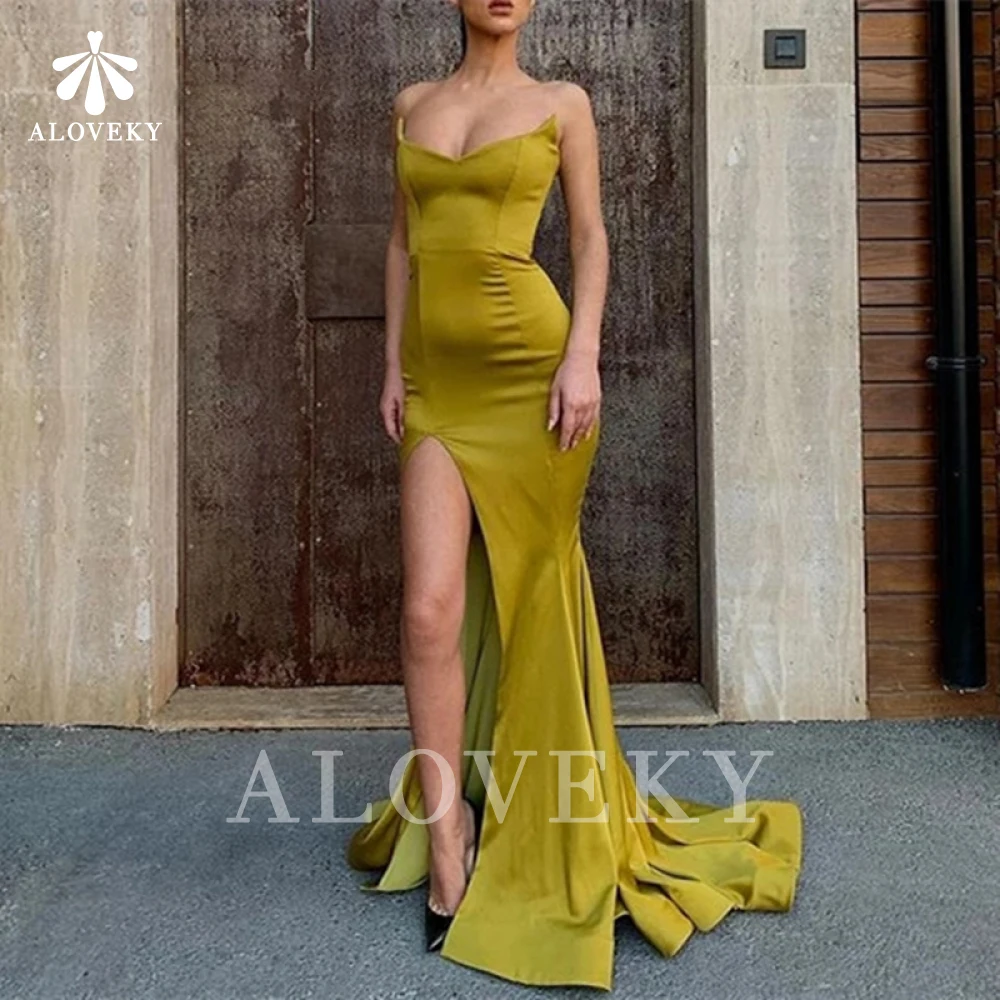 

Yellow Satin Evening Dress Woman Mermaid Side Split Sweetheart Party Dresses Women Evening Special Occasion Dresses Gowns Night