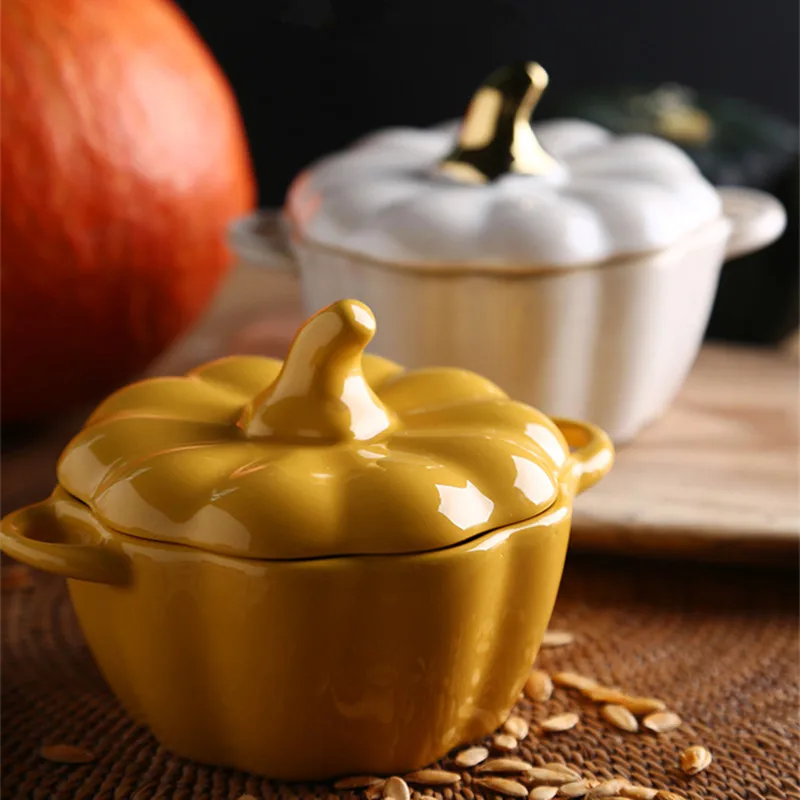 Creative ceramics Pumpkin bowl Covered roast Stew soup Soup pot with lid Cartoon cute plate 1pc | Дом и сад