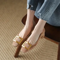 new 2022 spring women pumps chunky heel square toe loafers metal square buckle shoes for women sheep suede slip on womens shoes