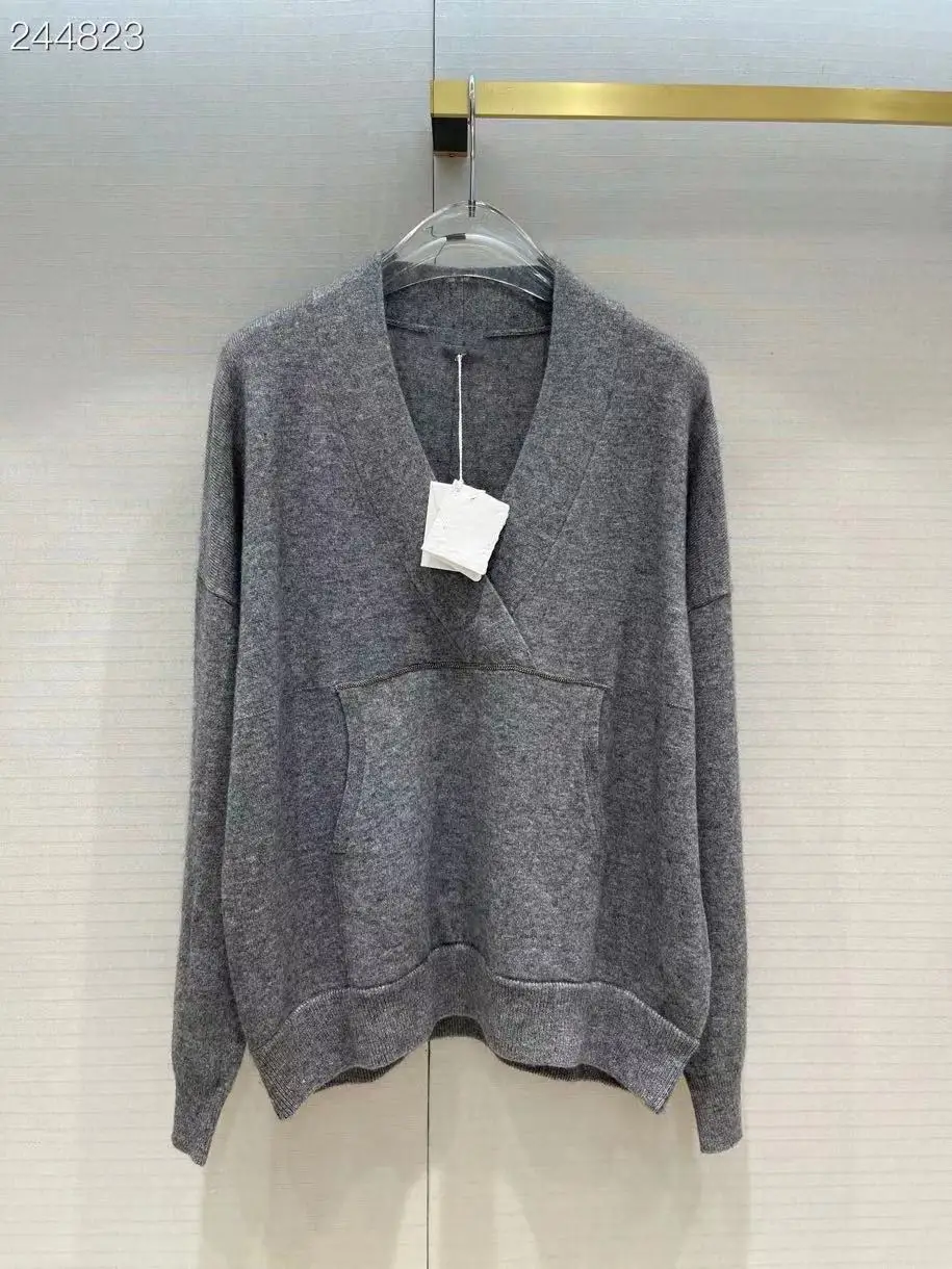 Женский трикотажный свитер Fyion серый пуловер с длинным рукавом и V-образным