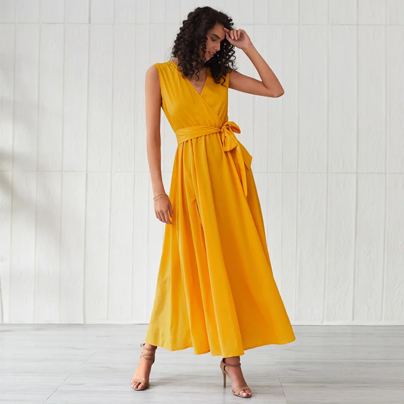 

Women's Spring Autumn V Neck Sleeveless Slim A Line Long Dress Bohemian Casual Maxi Dresses
