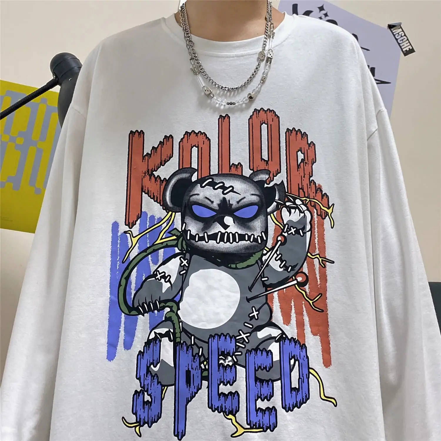 

Fun Harajuku Runaway Bear Cartoon Print T-Shirt Female Summer Women'S Casual Loose O-Neck Long-Sleeved T-Shirt Beautiful Woman
