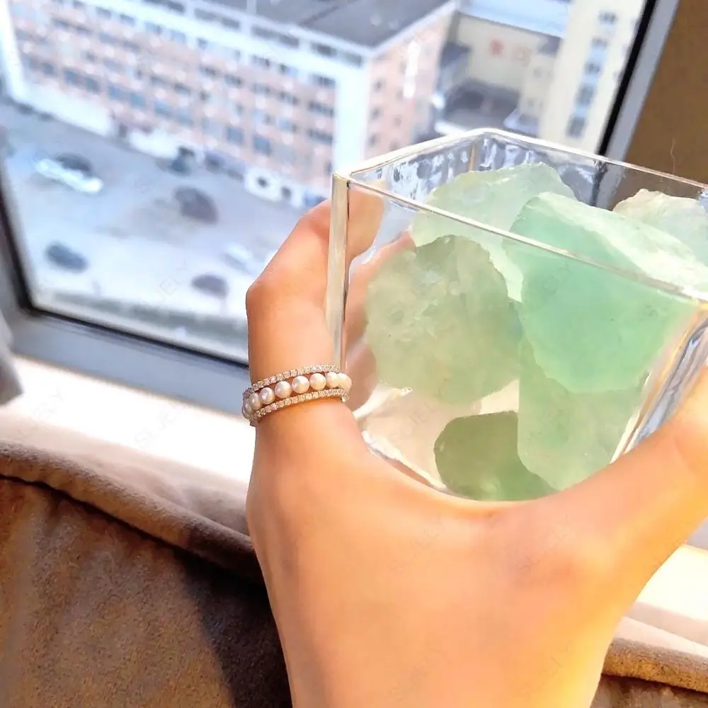 

Solid 925 Sterling Silver Double Circles Pearls Finger Ring Micro Cubic Zirconia Stones Shell Women Fine Wedding Jewelry