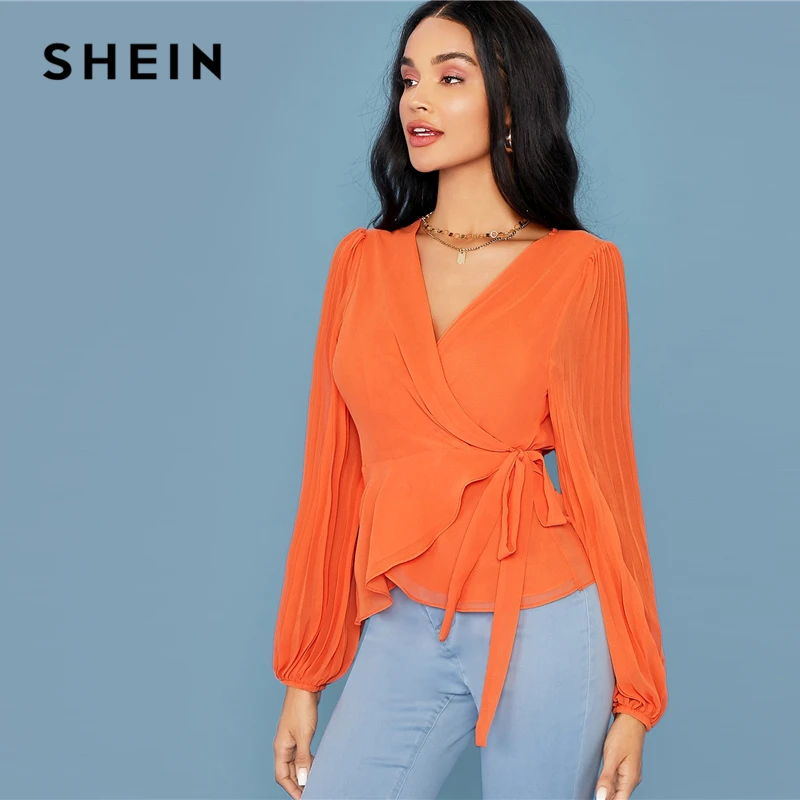 Ярко оранжевая блузка SHEIN с глубоким V образным вырезом и боковым поясом женские