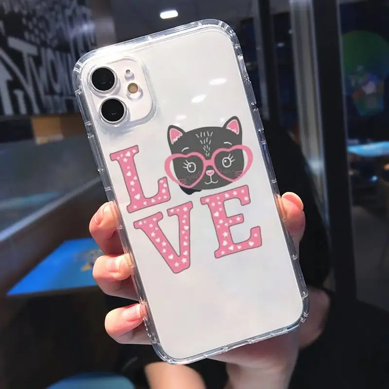 

Simple Love Heart cute cat fashion Phone Case Transparent soft For iphone 5 5s 5c se 6 6s 7 8 11 12 plus mini x xs xr pro max