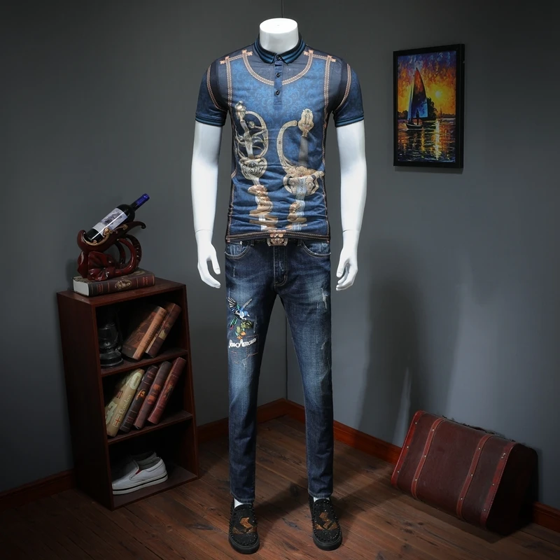 Футболка-поло с коротким рукавом золотисто-синяя Клубная вечерние принтом для