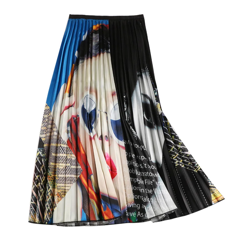 

summer new high waist slim print pleated skirt a word medium length European and American style large skirt children