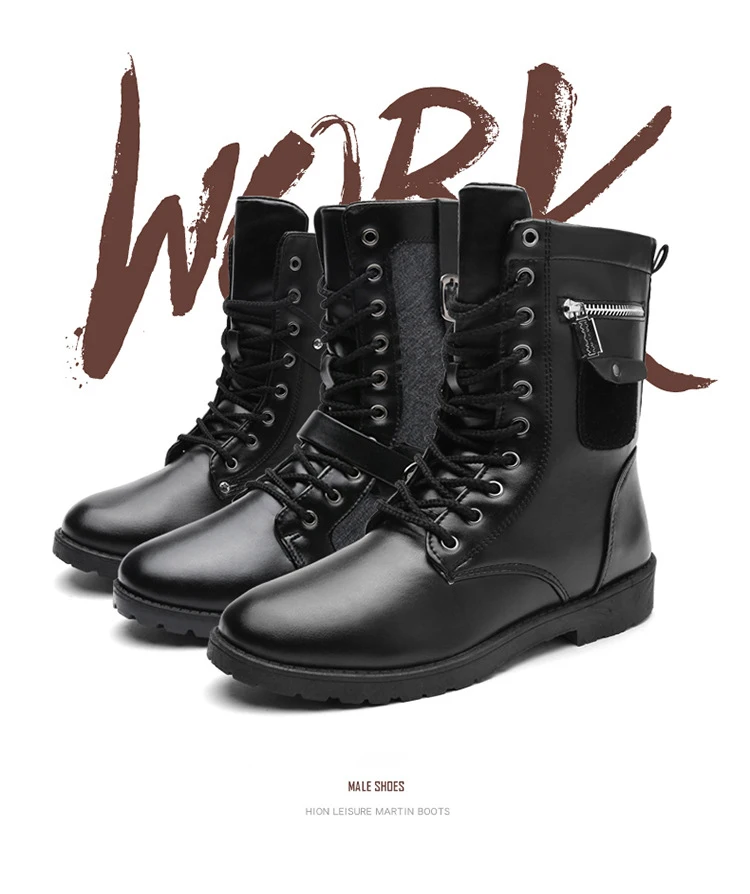 Winter Men Motorcycle Boots Fashion Mid-Calf Punk Rock Punk Shoes Mens BootsLeather Black High top Casual Boot Man