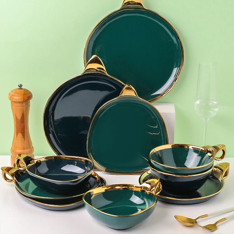 

Ceramic Dinner Plates Food Plates Dishes Salad Soup Bowl Luxury Green with Golden Rim Plates and Bowls Set for Restaurant Gift