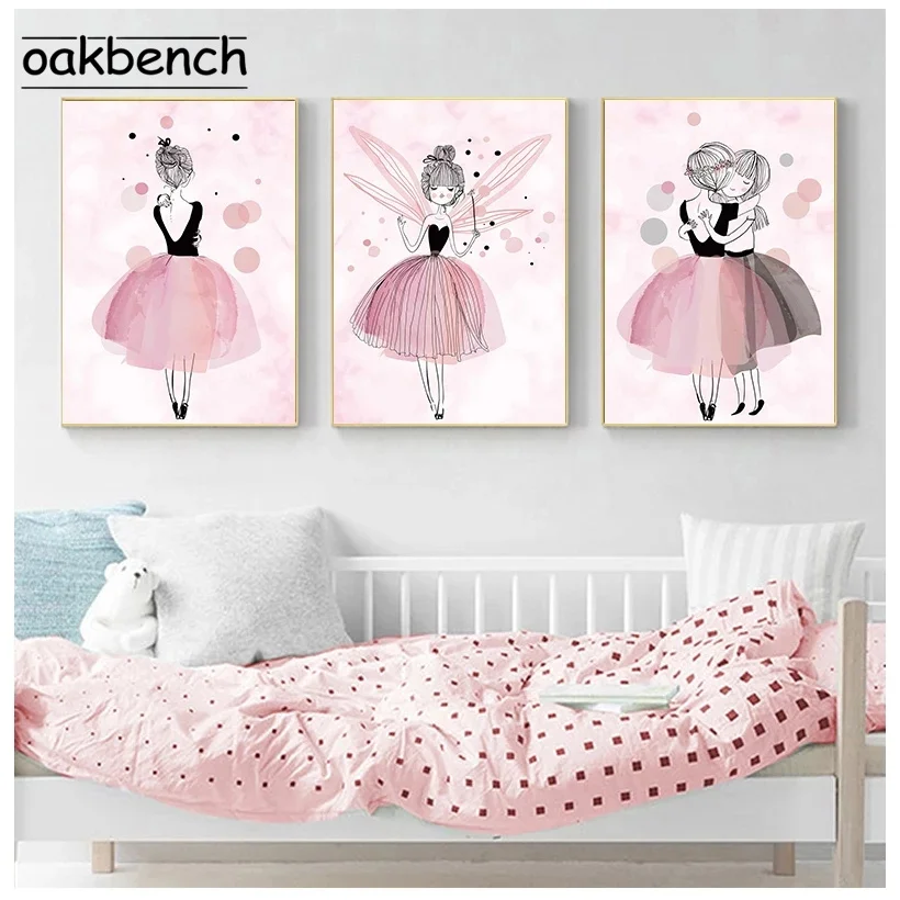 

Nursery Wall Art Canvas Painting Nordic Poster Pink Princess Print Dancing Girl Posters Modern Wall Pictures For Kids Room Decor
