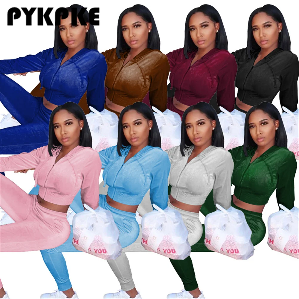 

Комплект из двух предметов для женщин, повседневный бархатный топ с длинным рукавом и капюшоном на молнии и брюки, осенний модный спортивны...