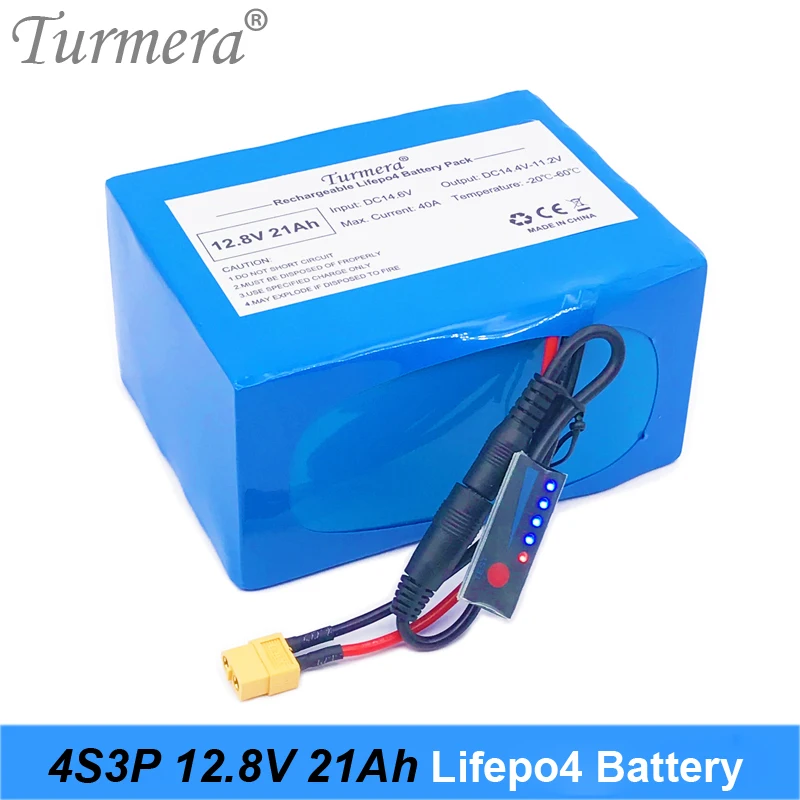 

Turmera 32700 Lifepo4 Battery 4S3P 12.8V 21Ah 4S 40A Balanced BMS for Boat Uninterrupted Power Supply 12V + Capacity Indicator