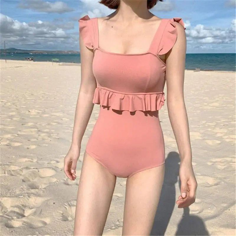 

One-Piece Swimsuit Women Korean Ice Cream Color Sling Fungus Breasts Gathered Girls Covering Belly Slimming Triangle Swimwear