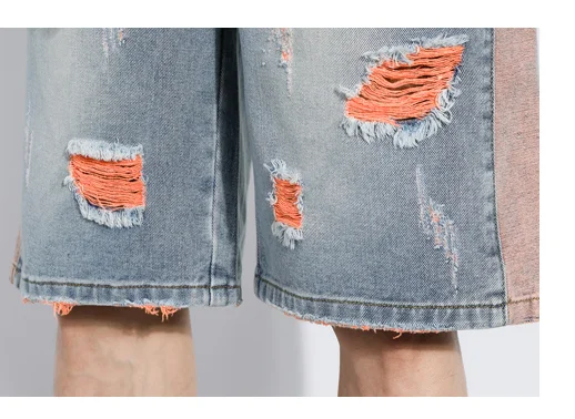 

#1469 Summer Hip Hop Shorts Side Spliced Wide Leg Jeans Shorts Loose Elastic Waist Casual Ripped Denim Shorts Mens With Holes