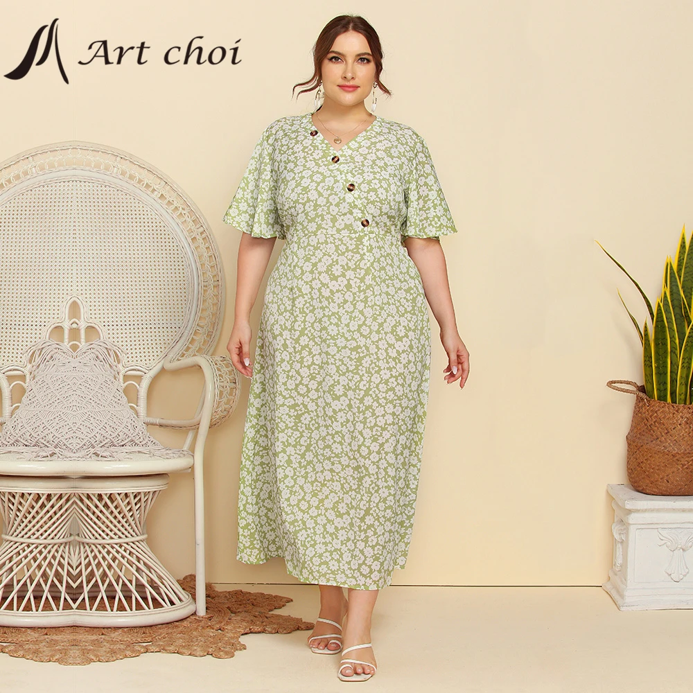 

Summer Women Long Floral Dress Female Boho Beach Elegant Skirt V-Neck Butterfly Sleeve Ladies Vintage Party Vestido Plus Size