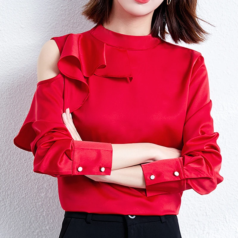 

Новинка 2022, атласная шифоновая рубашка в Корейском стиле, Женская офисная блузка с длинными рукавами и воротником-стойкой, красный топ с оборками и открытыми плечами
