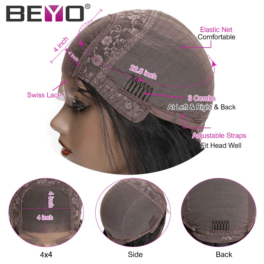 Beyo Straight Bob Closure Wig 4X4 Lace Short Human Hair Wigs For Women Pre Plucked Brazilian Remy | Шиньоны и парики
