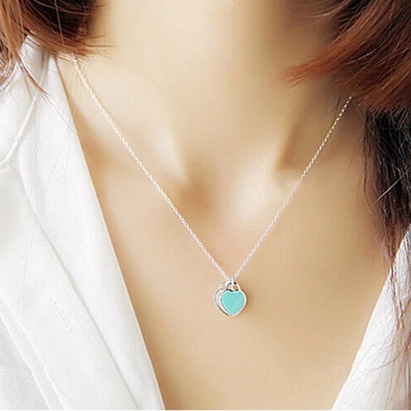 DOYUBO бренд, чистое серебро, Красная эмаль, талисман Двойное сердце, ожерелье для женщин, свадебные 925 пробы, серебряные цепочки с сердечком, ювелирные изделия VA174