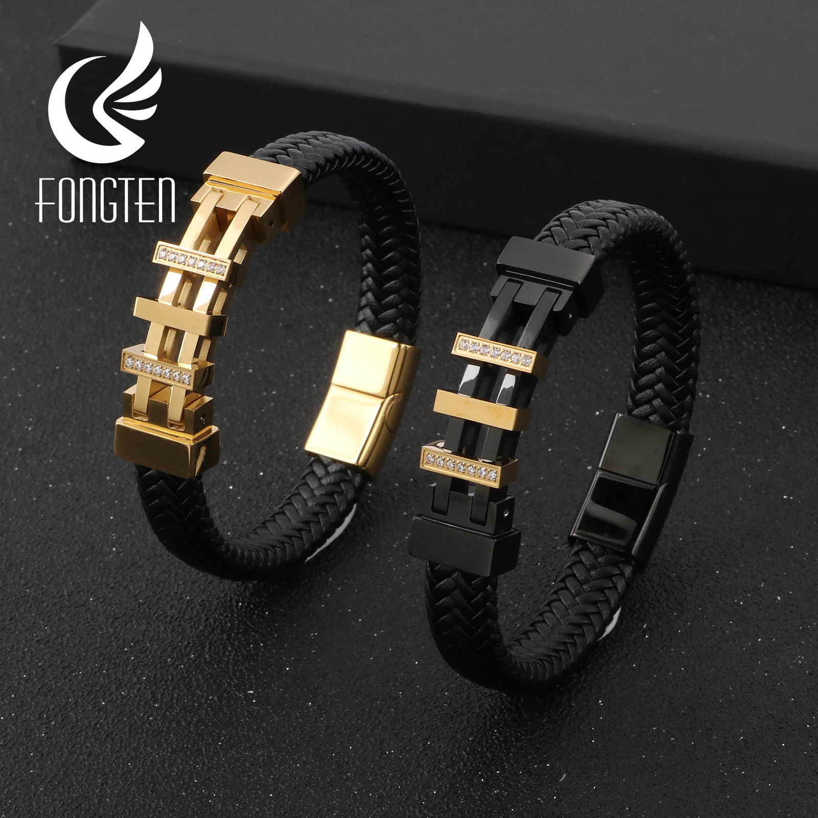 Черный кожаный браслет Fongten в стиле ретро мужские браслеты из нержавеющей стали с