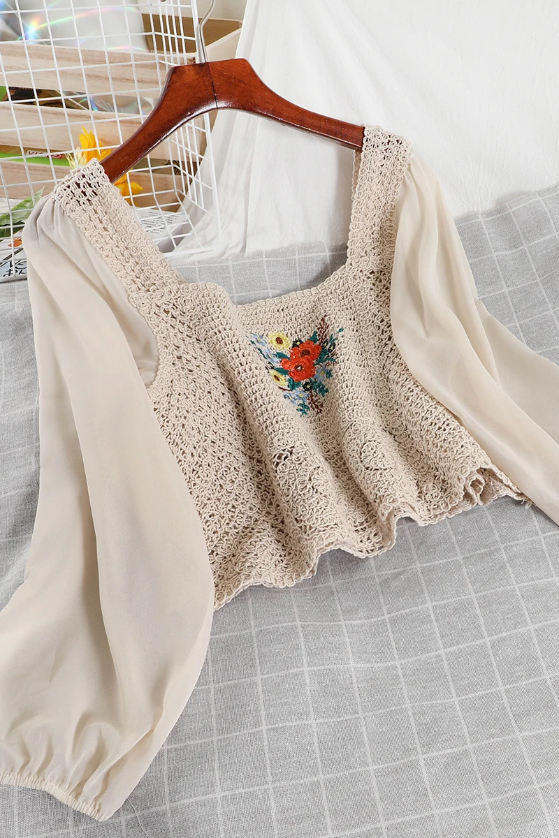 

Short Fashionable Sweater Women's Fashionable Design Sense Niche Embroidery Square Collar Puff Sleeve French Style Top Loose