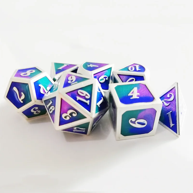 Игральные кости Металлические РПГ набор многогранные для подземелья и драконов d20 10 8 12 настольная игра сплав цинка Серебристые игральные кости с цифрами шаблон