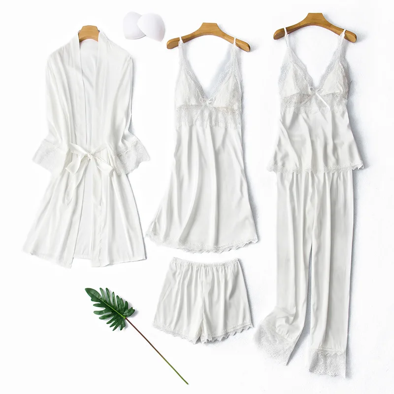 

5PCS Pajamas Set Sexy Women Sleepwear Faux Silk Loungewear Kimono Bathrobe Gown Loose Pijamas Soft Nightwear Satin Pijamas Suit