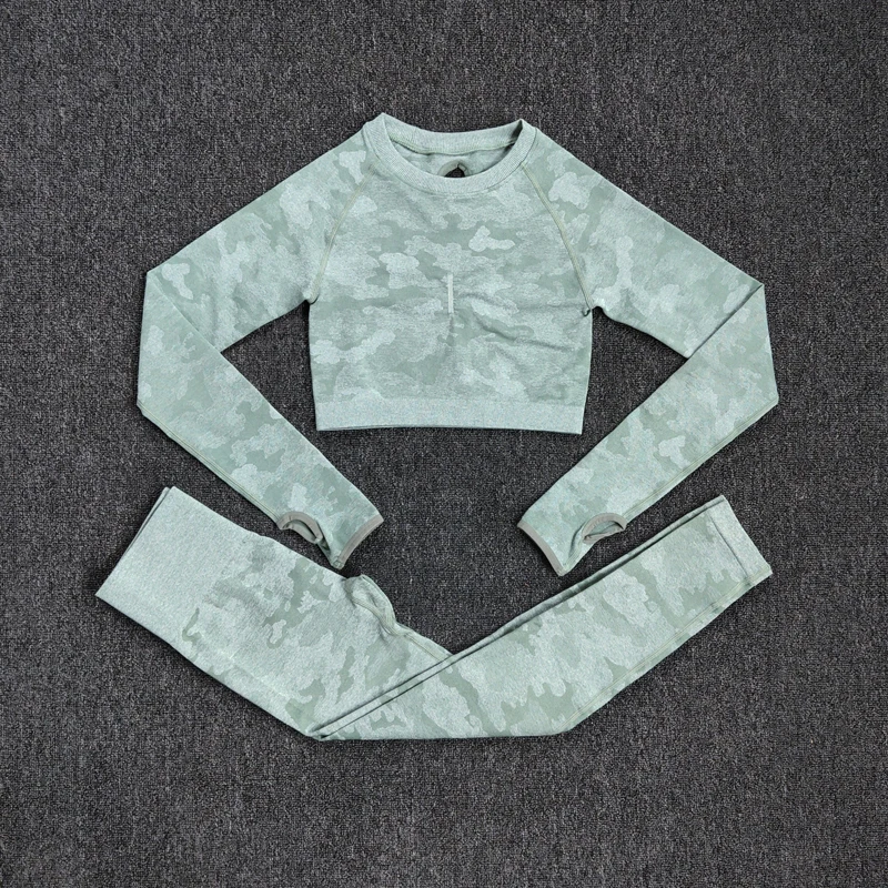 

Yoga Set Women Seamless Fitness Clothing Yoga Sport Long sleeves Tops Camouflage Gym Leggings Pants Suit Workout Sportswear