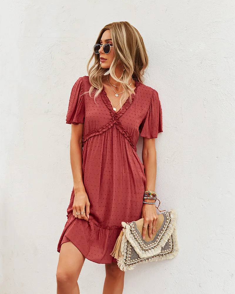 

Soft Summer Beach Dress Women 2021 Short Sleeve Ruffles V Neck Knee Long Dress Holidays Solid Fashion Outfits Ladies Light Dress