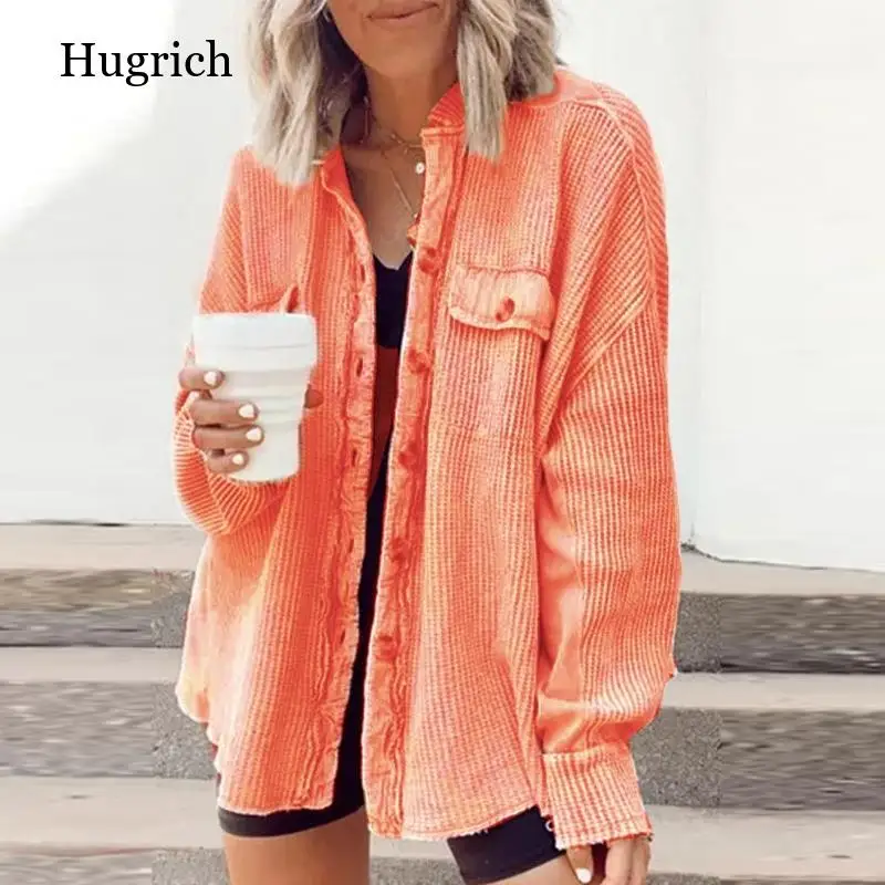 

Элегантный однотонный топ в рубчик, Женская куртка, модное осенне-зимнее модное двубортное пальто на пуговицах, Повседневная Свободная вер...