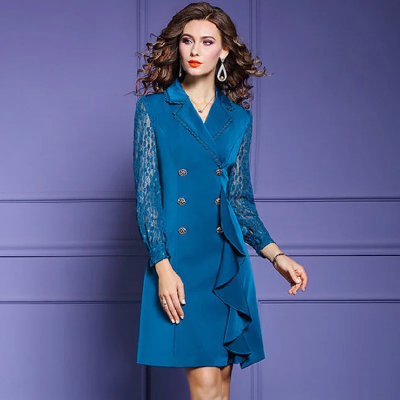 

Solid commute Lady Lace A-line Notched collar dress women 2021 dress women's Winter Autumn reduction fashion double breast skirt