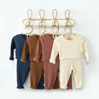 Весенне-осенне-зимний хлопковый комплект одежды для мальчиков и девочек, рубашка в рубчик + штаны, одежда для отдыха для малышей