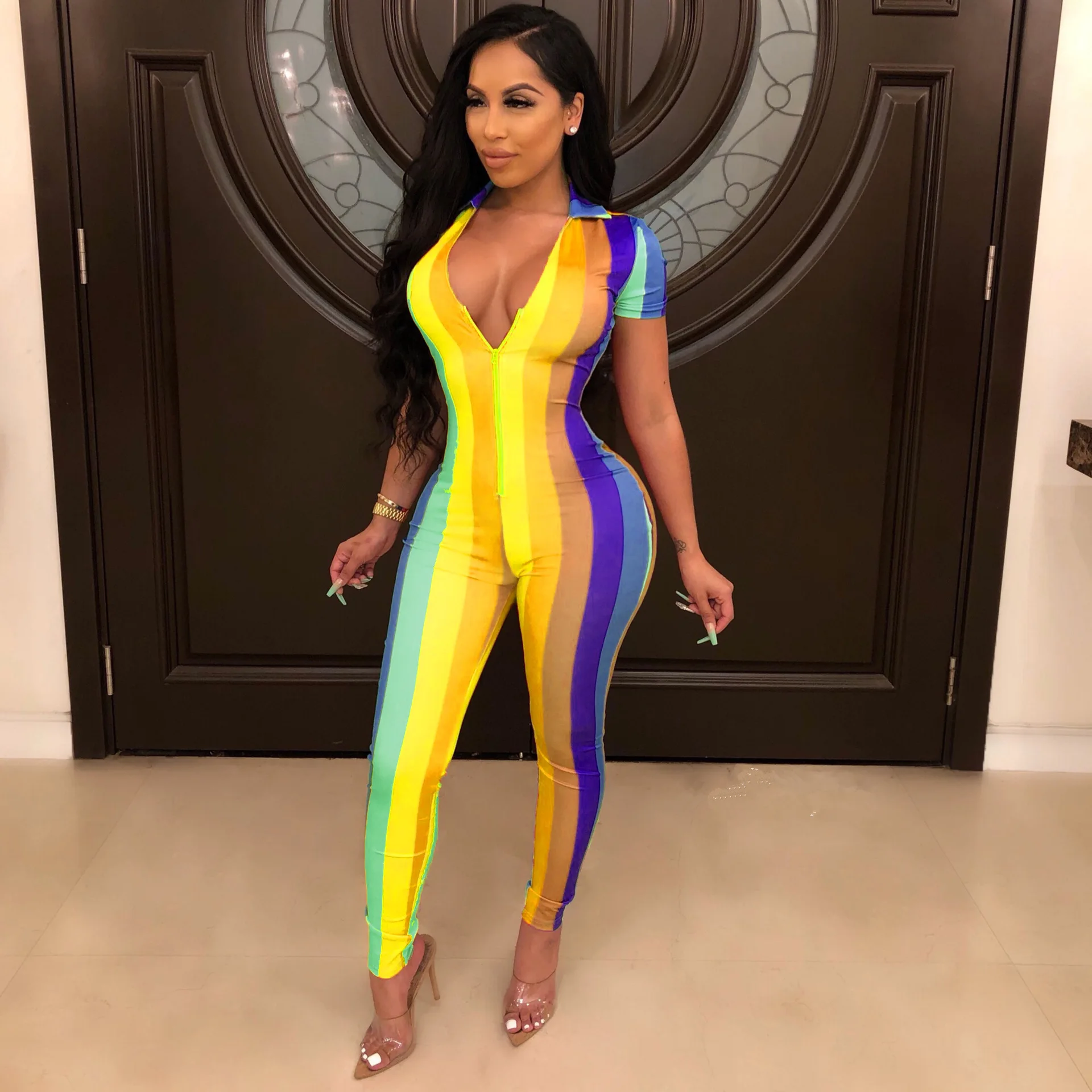 

Rainbow Striped Print Body Jumpsuit Women Summer 2020 Sexy Zipper V Neck Shorts Sleeve Leggings Bodycon Rompers Womens Jumpsuit