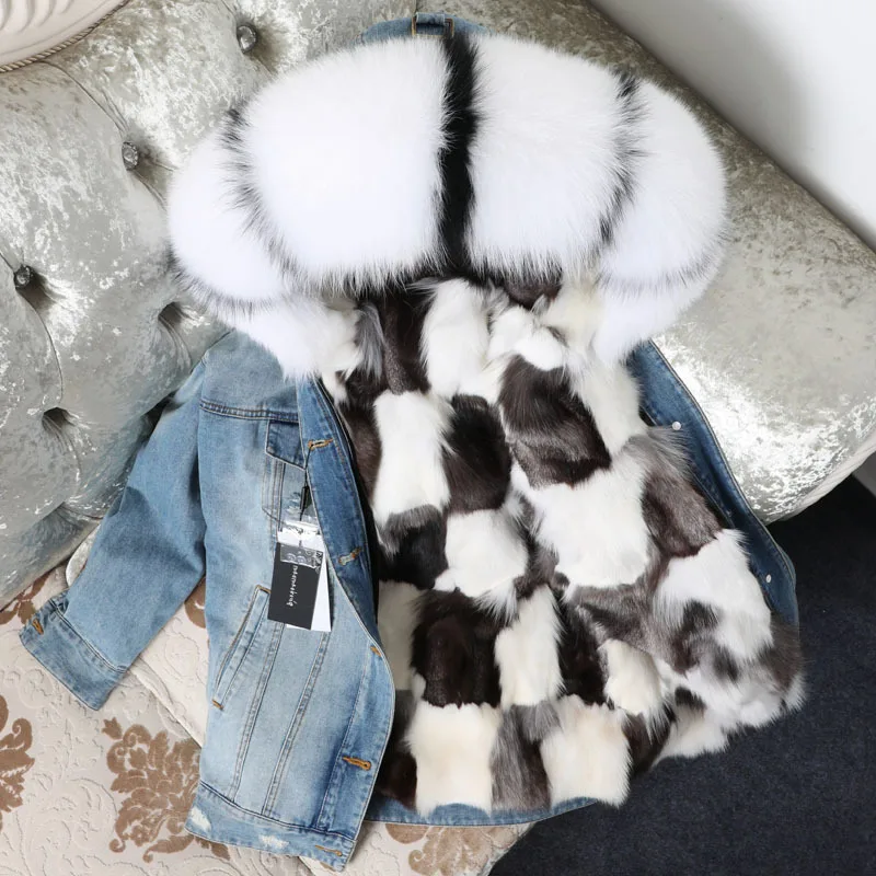 New Denim Pie Punk Fox Fur Grass Liner Coat Women Winter Real Casual Scorpion Collar Medium Long Jacket Thick | Верхняя одежда