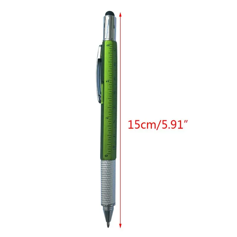 

6 in 1 Multifunction Tech Tool 0.1cm Black Ink Ballpoint Pen with Ruler and Two-head Screwdriver for Everyone